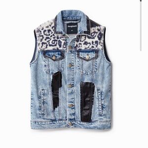 Desigual Light Blue Denim Vest XS with Leopard Yoke and Black Patchwork